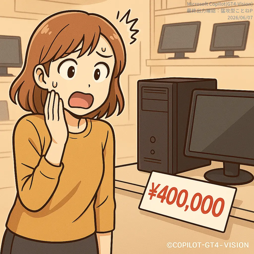PCの価格を見て驚いている女性。AI生成。